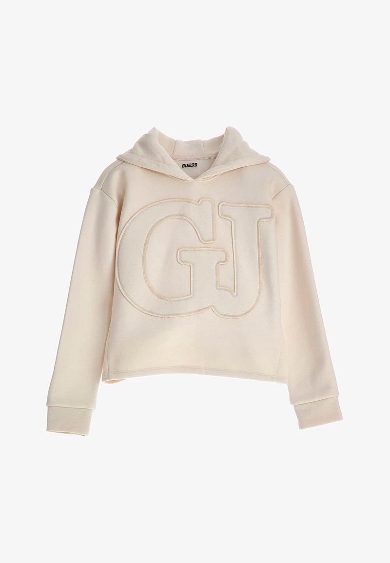 Sweat à capuche couleur crème avec grand logo "GJ" en relief sur le devant et étiquette "GUESS" à l'intérieur du col, manches longues et poignets côtelés.