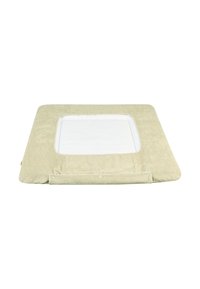 Rectangular pet bed with soft, beige fabric cover, cushioned edges, and white removable inner lining. Features a square opening in the center.