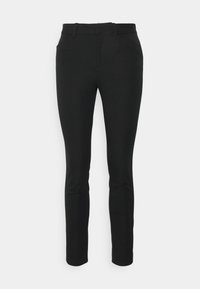 Pantalon noir fuselé en tissu lisse et extensible. Comprend des poches obliques, des passants de ceinture et une taille épurée.