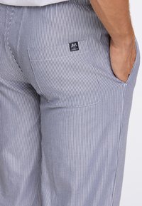 Close-up van een persoon die blauwe en witte gestreepte broek draagt, met een hand in de zijzak en zichtbaar Lindbergh merklabel op de achterzak.