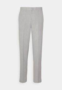 Pantalones gris claro de tela suave con un corte entallado, que cuentan con bolsillos laterales y un diseño de pierna recta.