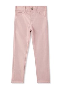 Jasnoróżowe dżinsy o gładkiej fakturze, z pięcioma kieszeniami i pojedynczym zapięciem na guzik w talii. Prosty krój nogawki, bez wzorów.