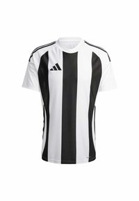 Zwart-wit gestreept sportshirt met korte mouwen, van meshstof, met ronde halslijn en drie zwarte accentstrepen op de schouders.