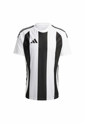 Zwart-wit gestreept sportshirt met korte mouwen, van meshstof, met ronde halslijn en drie zwarte accentstrepen op de schouders.
