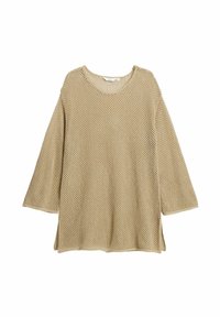 Beige gebreide trui met een netstructuur, wijde mouwen en een ronde halslijn. Heeft zijsplitten voor extra beweging en ademend vermogen.