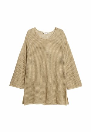 Beige gebreide trui met een netstructuur, wijde mouwen en een ronde halslijn. Heeft zijsplitten voor extra beweging en ademend vermogen.