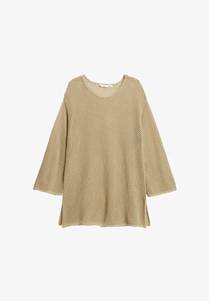 Beżowy sweter dziewiarski o siateczkowej teksturze, z szerokimi rękawami i okrągłym dekoltem. Posiada boczne rozcięcia dla większej swobody ruchu i przewiewności.