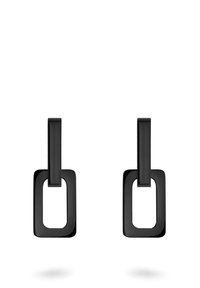 Schwarze geometrische Ohrringe mit einem rechteckigen Design und einer flachen, glatten Oberfläche. Jeder Ohrring hat einen strukturierten oberen Balken für einen Kontrast.