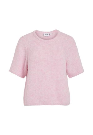 Džemper kratkih rukava s okruglim izrezom, izrađen od mekanog, svijetloružičastog pletiva. Ima opušteni kroj i teksturirani završetak.