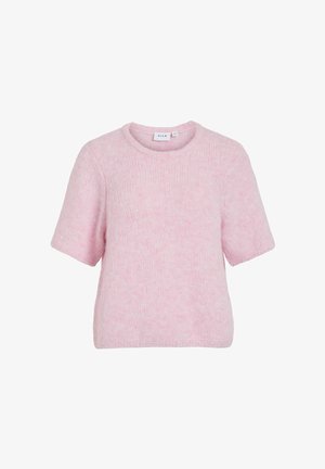 Sweter z krótkim rękawem i okrągłym dekoltem, wykonany z miękkiej, jasnoróżowej dzianiny. Charakteryzuje się luźnym krojem i fakturowanym wykończeniem.