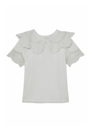 Witte blouse met korte mouwen, voorzien van een geschulpte kraag van ajourkant en bijpassende kanten rand aan de mouwen.
