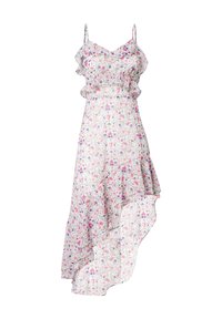 Vestido con estampado floral en tejido ligero, que presenta un escote volado, tirantes ajustables y un dobladillo asimétrico. Los colores incluyen rosa, púrpura y blanco.