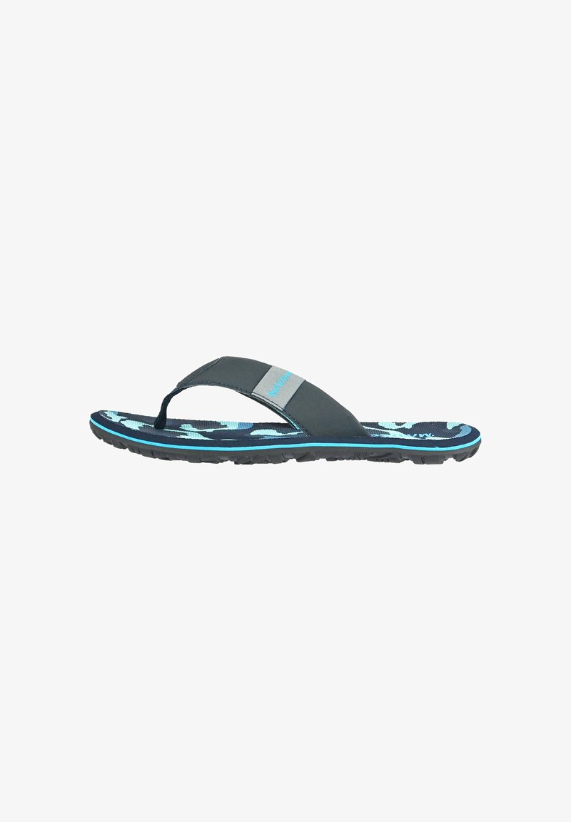 Men’s black and blue flip-flop sandal with camo-patterned footbed and synthetic strap on white background.