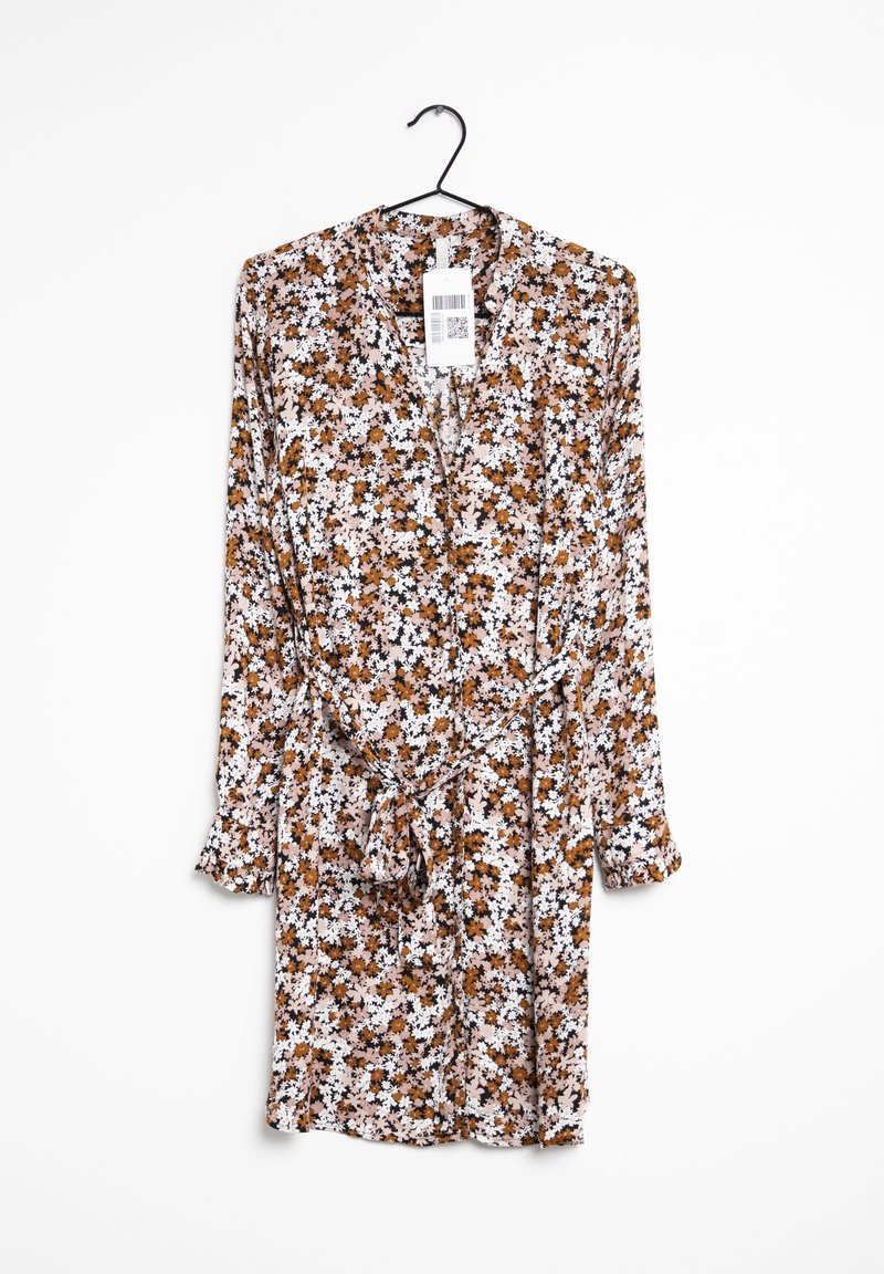 Květinové letní šaty s dlouhými rukávy v odstínech růžové, hnědé a bílé. Obsahují zavazovací pas a jemné květinové vzory po celém povrchu.