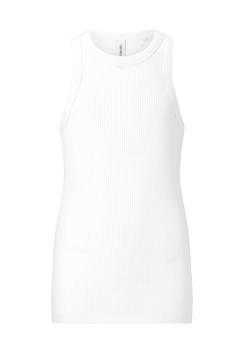 Weißes geripptes Tanktop mit rundem Ausschnitt und ärmellosem Design, aus einem dehnbaren, mittelgewichtigen Stoff gefertigt.