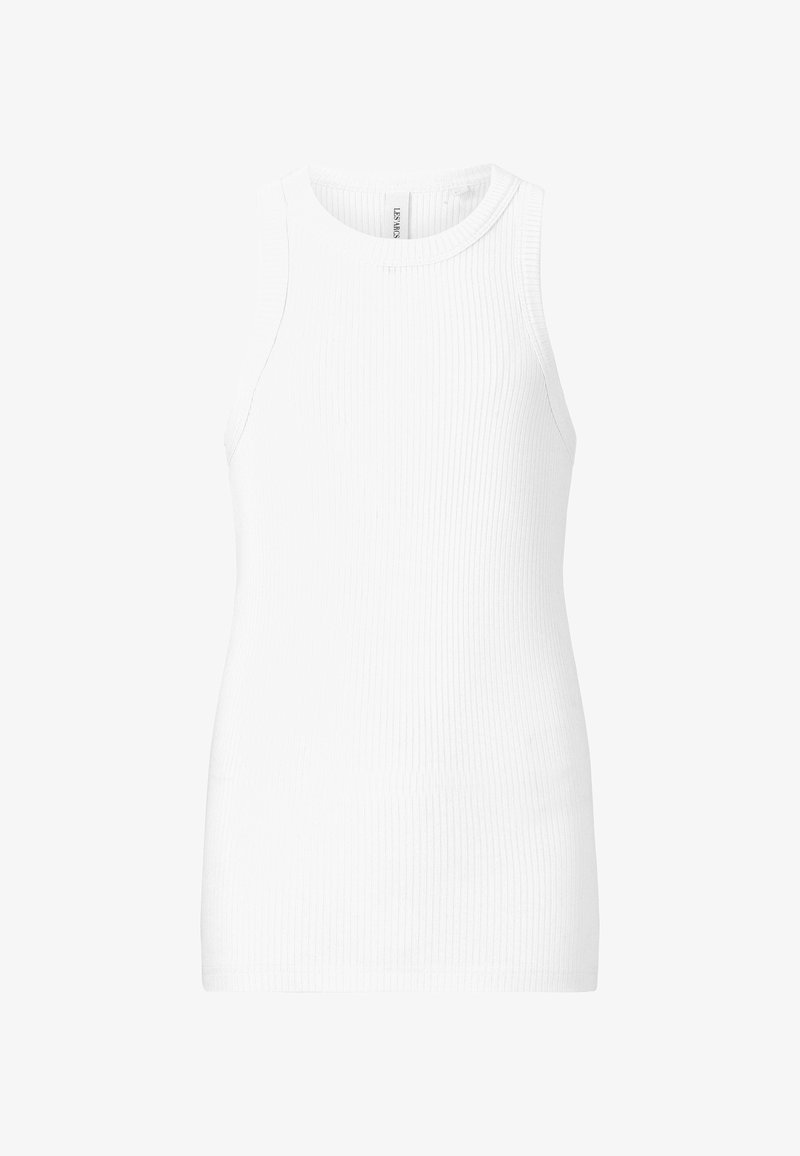 Wit geribde tanktop met een ronde halslijn en mouwloos ontwerp, gemaakt van een rekbare, gemiddelde kwaliteit stof.