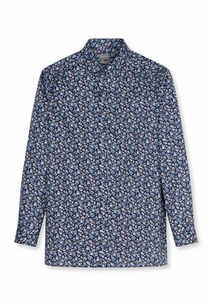 Herren Langarmhemd mit Knopfleiste, dunkelblauem Hintergrund und kleinem hellblauem, weißem und rosa Blumenmuster.