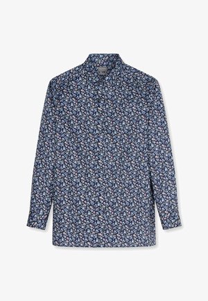 Herren Langarmhemd mit Knopfleiste, dunkelblauem Hintergrund und kleinem hellblauem, weißem und rosa Blumenmuster.