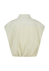 Short-sleeve blouse in pale yellow with navy stripes, featuring a curved hem, a back yoke, and a buttoned collar.