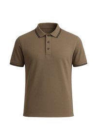 Bruine katoen polo shirt met een kraag, een drievoudige knoopsluiting en zwart-witte gestreepte accenten op de kraag en mouwen.