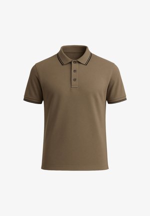Braunes Baumwollpoloshirt mit Kragen, drei Knopfleiste und schwarz-weißen Streifenakzenten am Kragen und an den Ärmeln.