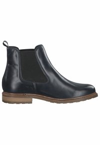 Bottes Chelsea en cuir noir avec panneaux élastiques sur les côtés, bout arrondi, languette de tirage et semelle en caoutchouc marron. Texture lisse avec des accents minimaux.