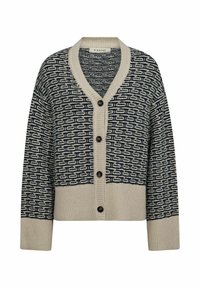 Cardigan lavorato a maglia con scollo a V, caratterizzato da un motivo geometrico blu navy e crema, cinque bottoni neri e polsini e orlo a coste.