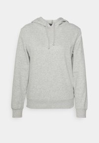 Lichtgrijze hoodie gemaakt van zachte stof, met een capuchon met trekkoord, lange mouwen en een geribde zoom en manchetten. Glad textuur met een casual ontwerp.