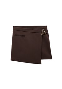 Falda marrón envolvente hecha de un tejido suave con un corte diagonal, con un pequeño acento triangular dorado y un bolsillo lateral oculto.