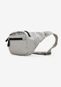 Riñonera de color gris claro, fabricada con un tejido duradero, que cuenta con un compartimento principal con cremallera, un bolsillo delantero y una correa ajustable.