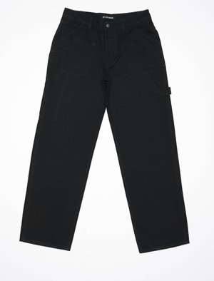 Čierne bavlnené cargo nohavice s rovnými nohavicami, prednými vreckami a dodatočným bočným vreckom s označením. Hladká textúra a pevné švy.