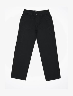 Čierne bavlnené cargo nohavice s rovnými nohavicami, prednými vreckami a dodatočným bočným vreckom s označením. Hladká textúra a pevné švy.