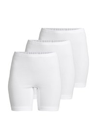 Drei Paar weiße Baumwollshorts mit elastischem Bund, einer glatten Textur und ohne sichtbare Muster oder Verzierungen.