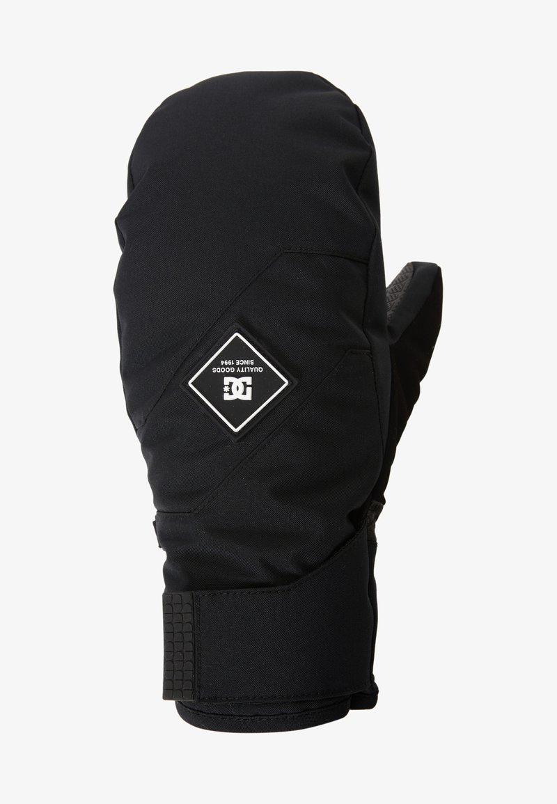 Černé izolované palčáky určené do chladného počasí, se strukturovaným úchopem, nastavitelným zápěstním páskem a nášivkou s logem na boku.