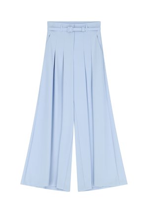 Pantaloni larghi azzurri con vita alta, pieghe e una cintura coordinata; tessuto liscio senza motivi visibili o hardware.
