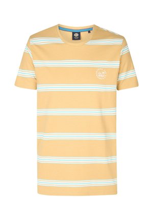 Keltainen puuvillapaita, jossa on vaaleansiniset vaakataskut. Siinä on pyöreä kaula-aukko ja pieni logo painettuna rintaan. Lyhyet hihat.