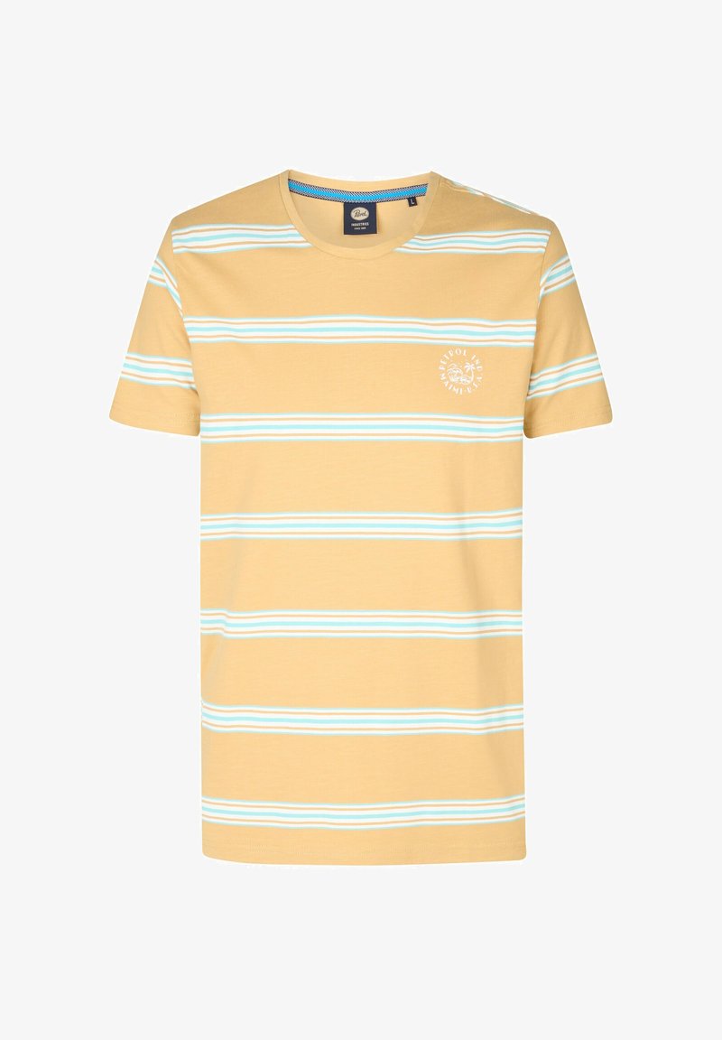 Gul bomulls-t-shirt med horisontella ljusblå ränder. Har en rund halsringning och ett litet logotryck på bröstet. Kort ärm.