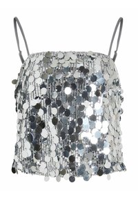 Srebrna bluzica od sequina s tankim sivim trakama, koja ima uklopljen dizajn i teksturiranu površinu od okruglih sequina koji reflektiraju svjetlost.