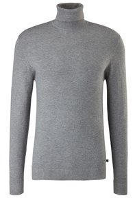 Pull gris à col roulé en maille douce. Il comporte des manches longues ainsi que des poignets et un ourlet côtelés, offrant une coupe ajustée.