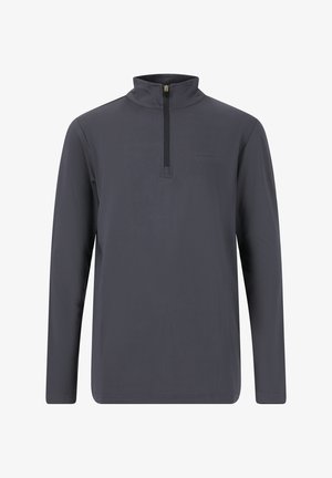 Grauer Pullover mit langen Ärmeln und einem Viertel-Reißverschluss-Kragen. Hergestellt aus glattem Material, mit einem dezenten Branding-Detail auf der Vorderseite.