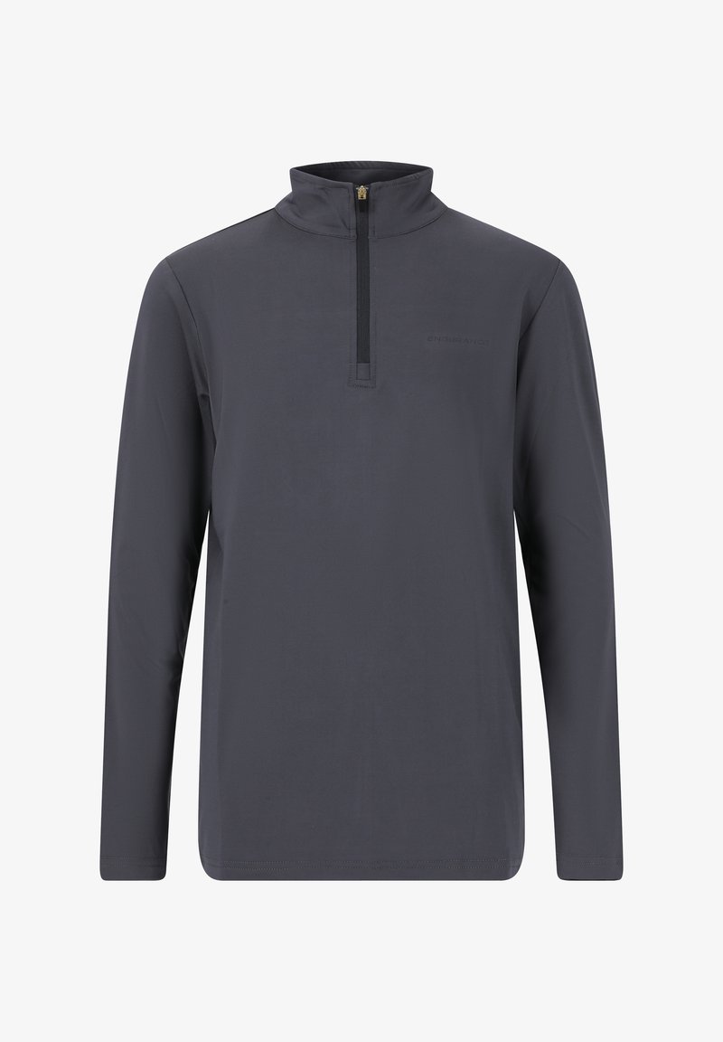 Grå långärmad tröja med kvartdragkedja. Tillverkad av ett mjukt tyg, med en diskret logotypdetalj på framsidan.