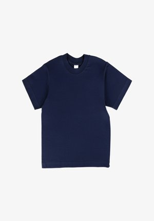 Granatowy T-shirt z krótkim rękawem i okrągłym dekoltem, rozłożony na białym tle.