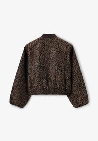 Veste bomber en imprimé léopard marron et noir, avec un col côtelé, une taille élastique et des manches bouffantes.