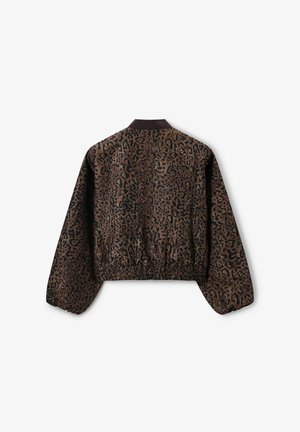 Veste bomber en imprimé léopard marron et noir, avec un col côtelé, une taille élastique et des manches bouffantes.