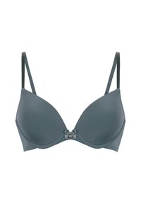 Gładki, ciemnoszary stanik wyściełany, z regulowanymi cienkimi ramiączkami i małą dekoracyjną kokardką z przodu.