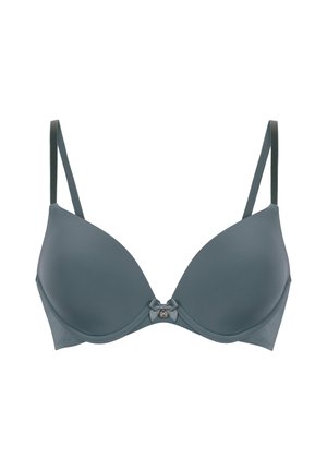 Gladdonk donkergrijze gevoerde bh met verstelbare dunne bandjes en een klein decoratief strikje aan de voorkant.