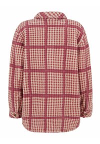Giacca in tessuto a quadretti morbido con un motivo bordeaux e crema. Presenta un colletto e polsini con bottoni, texture morbida su tutta la superficie.