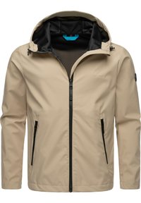 Chaqueta ligera beige con capucha, cremallera negra, dos bolsillos laterales y una textura suave, adecuada para uso al aire libre.