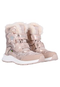 Bottines d'hiver métalliques roses avec doublure en fourrure, accent étoile et bandes Velcro. Semelle épaisse et cheville rembourrée pour le confort.