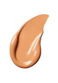 Beige flüssige Foundation in Tropfenform, mit glatter Textur und glänzendem Finish, das einen warmen Unterton aufweist.